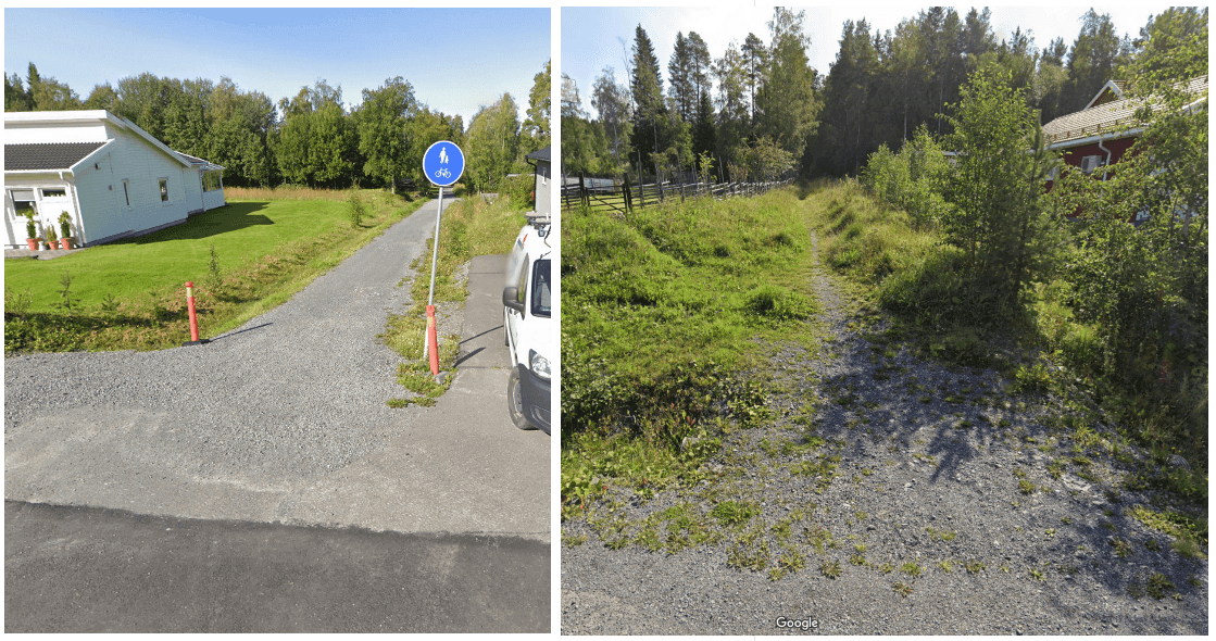 Foto på gång- och cykelvägen sedd från Bergtorpsvägen samt stigen som passerar mellan två villatomter och sen fortsätter in i skogen.