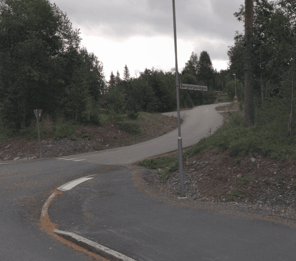 Infarten till bostadsområdet från Bergsgatan omgiven av skog som sedan övergår till bostadshus. 