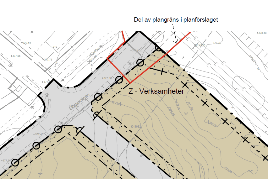 Utsnitt ur plankartan för detaljplan B178, där mark för verksamheter ingår i detta planförslag.