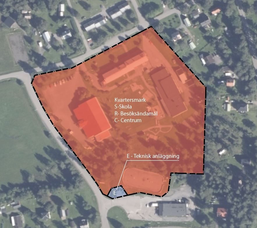 Karta som visar kvartersmarken inom planområdet och de olika användningarna som tillåts.