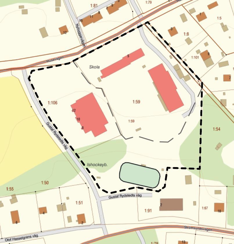 Fastighetskarta som visar planområdet markerat med svart streckad linje. 