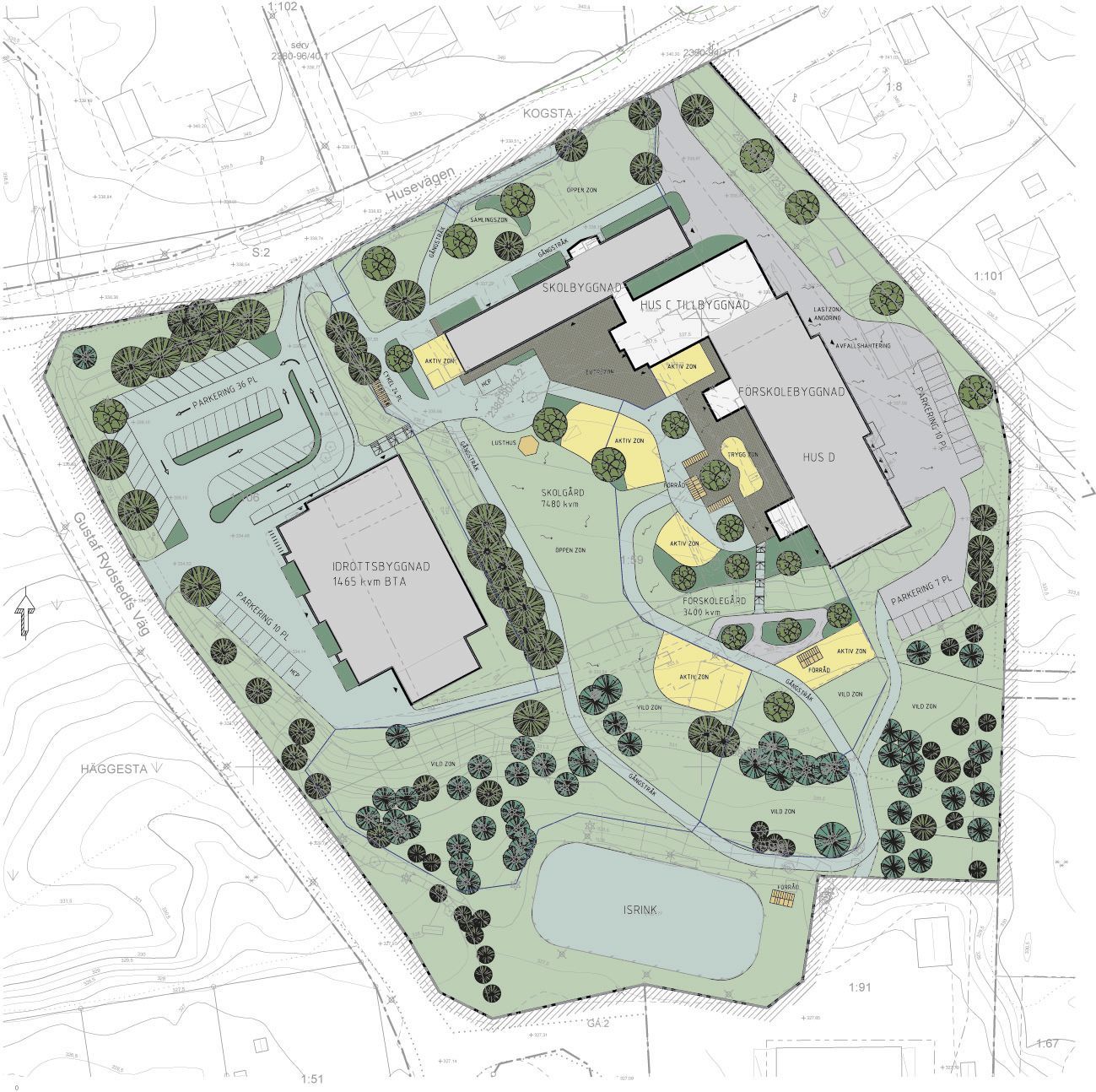 Illustrationskartan visar ett förslag på hur skol- och förskoleområdet kan utformas.(Sweco, 2025)