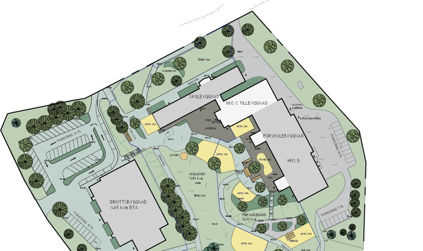 Illustration som visar ett exempel på hur parkeringsytor samt hämta- och lämnazonen kan komma att utformas vid förskolan. (sweco, 2025).