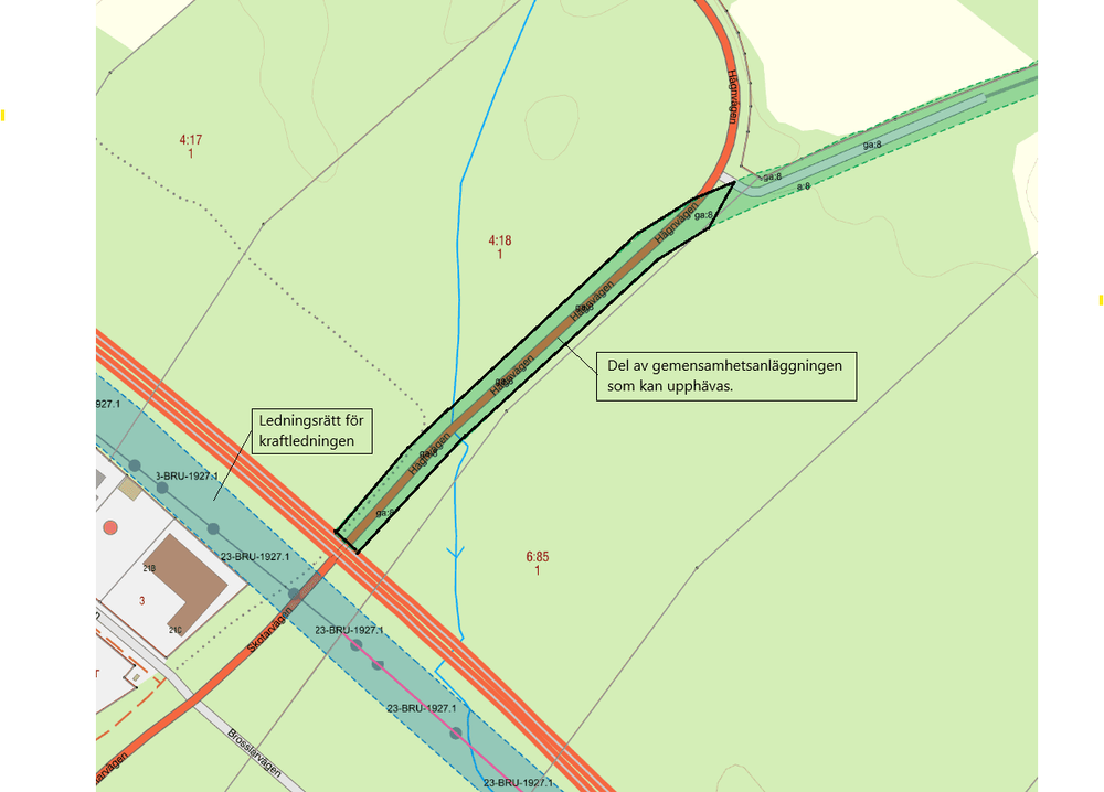 Gemensamhetsanläggningens utbredning längs Hägnvägen och ledningsrättens utbredning över Skotarvägen.