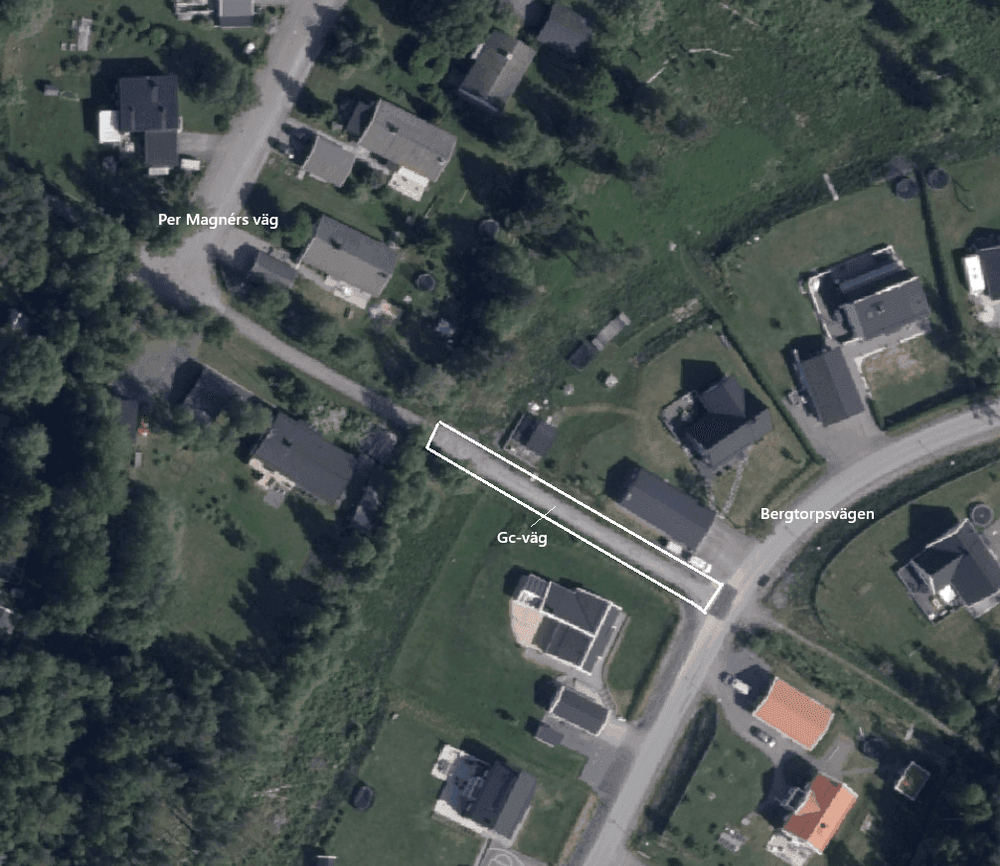 ortofoto som visar gång- och cykelvägen inom planområdet.